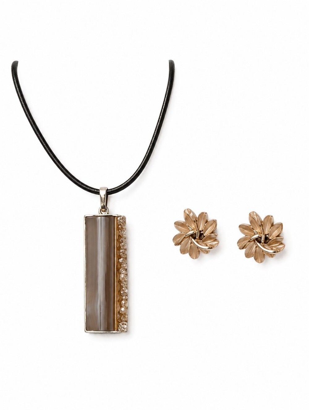 Agate Bar Pendant Necklace + Crystal Gold Tone Floral Clip-On Earrings Set